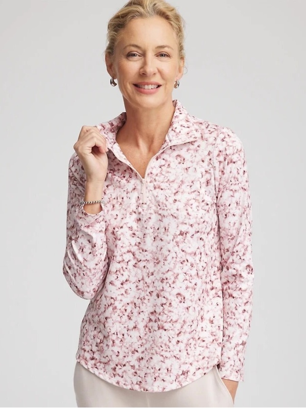 NWT Chico's Zenergy® UPF Printed Half-Zip Pullover, Rose Smoke, Women's Medium